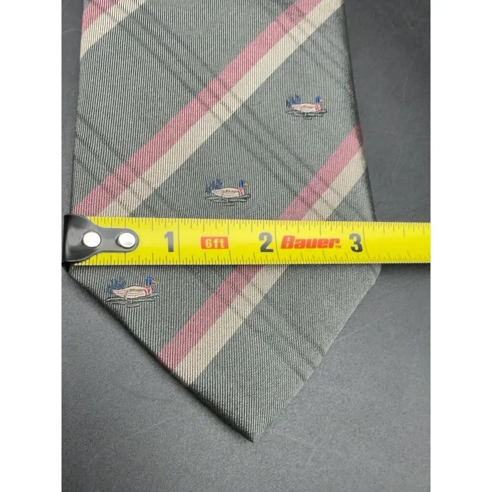 Vintage Stonehenge Silk Tie Mallard Duck Stripe Gray Pink 56” Novelty Necktie